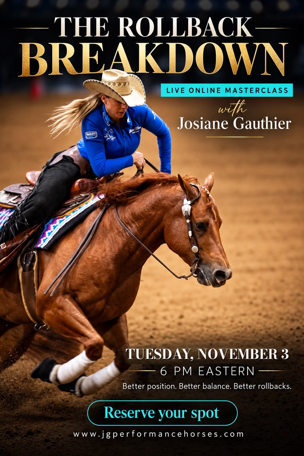 The Rollback Breakdown flyer: Josiane Gauthier mid rollback on a chestnut horse. Live online masterclass, Tuesday November 3, 6 PM Eastern.
